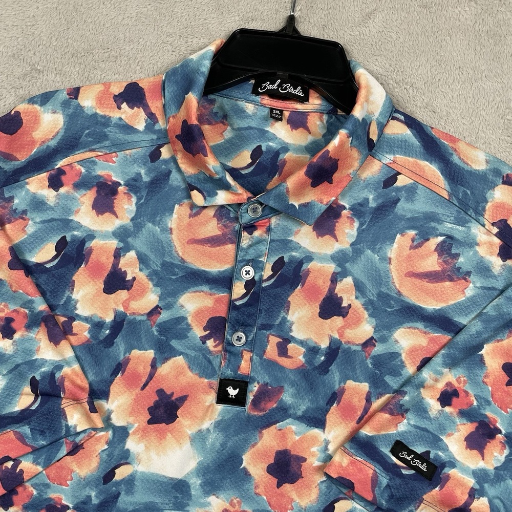 Bad Birdie Polo Shirt Mens 2XL Blue Floral Short Sleeve Golf Vacation Hawaiian
